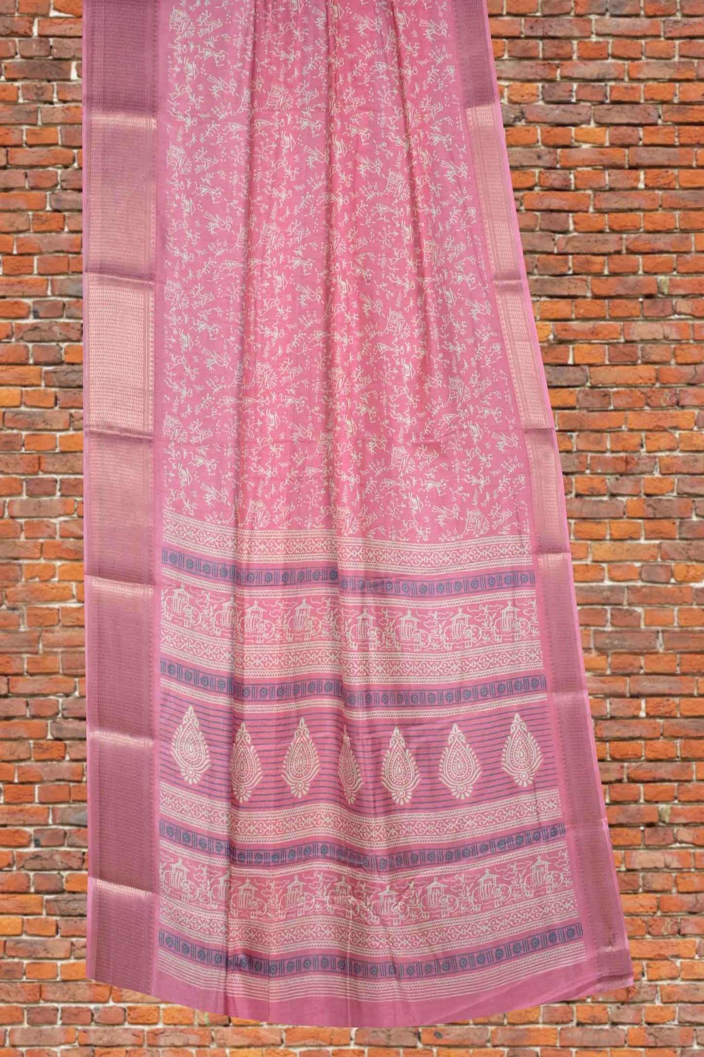 Pink Semi Dola Warli Fancy Print Golden Border Saree