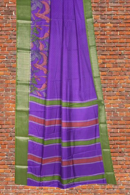 Violet Semi Dola Fancy Dots Coastal Garden Printed Green Border Saree