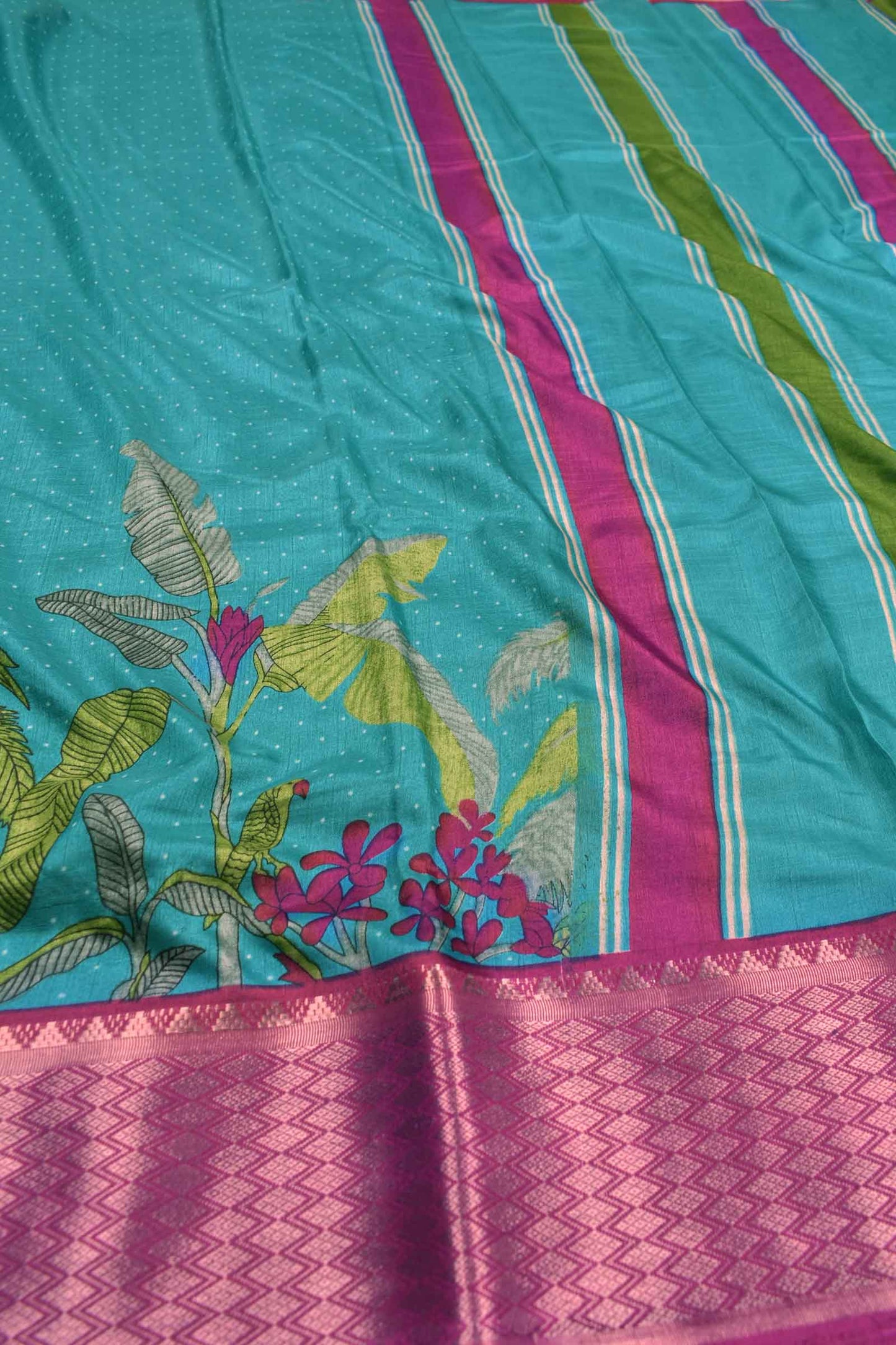 Blue Semi Dola Fancy Dots Coastal Garden Printed Pink Border Saree