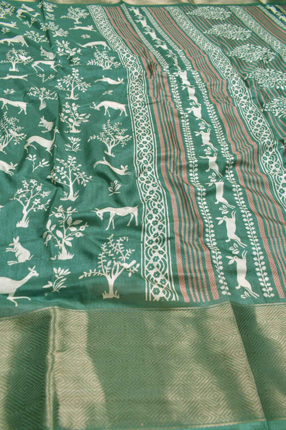 Green Semi Dola Forest Range Printed Zari Border Saree