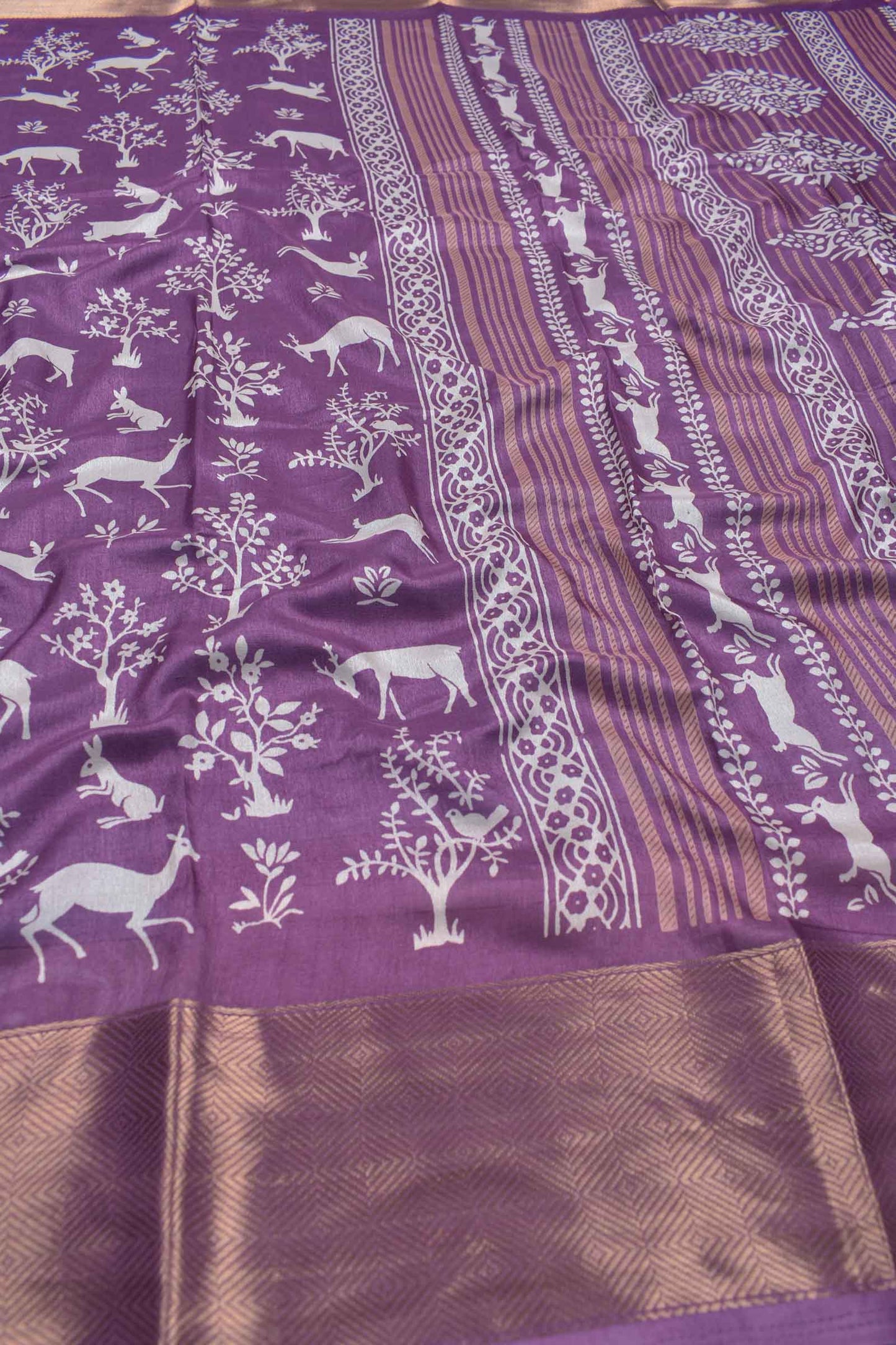 Mauve Violet Semi Dola Forest Scenes Printed Zari Border Saree