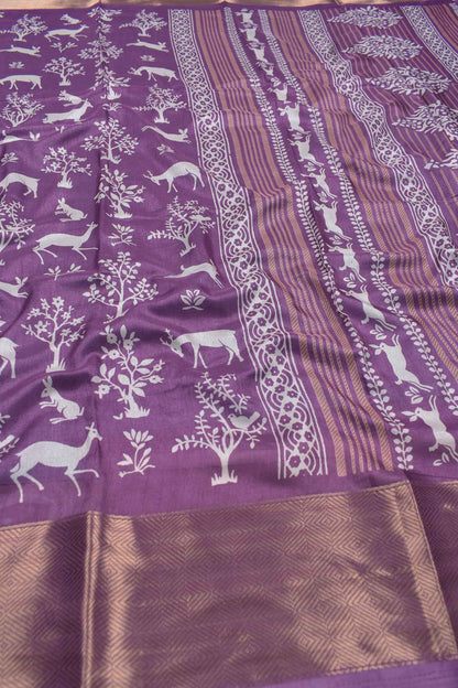 Mauve Violet Semi Dola Forest Scenes Printed Zari Border Saree