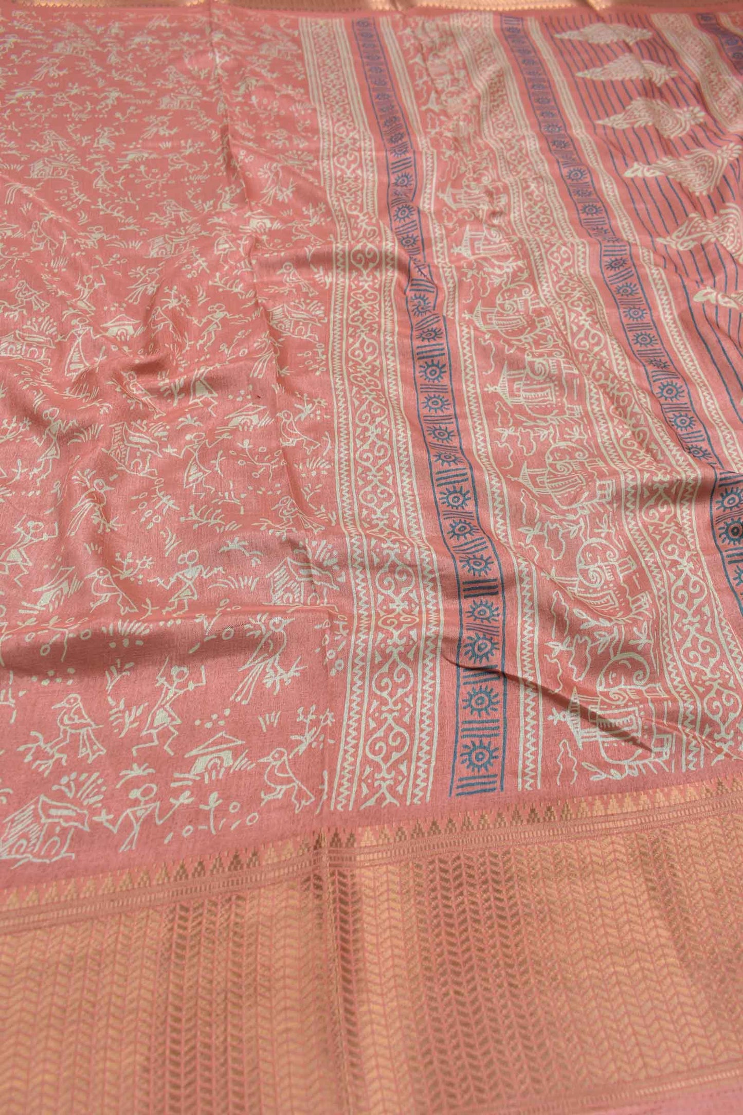 Peach Semi Dola Warli Fancy Print Golden Border Saree