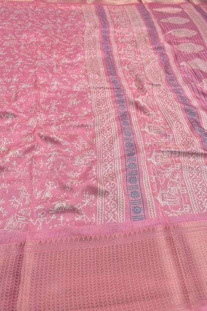 Pink Semi Dola Warli Fancy Print Golden Border Saree