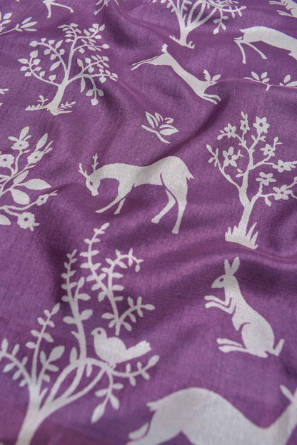 Mauve Violet Semi Dola Forest Scenes Printed Zari Border Saree