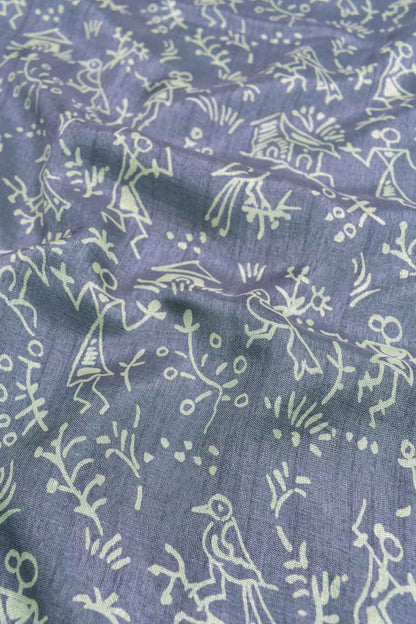 Grey With Violet Semi Dola Warli Fancy Print Golden Border Saree