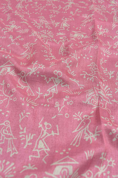 Pink Semi Dola Warli Fancy Print Golden Border Saree