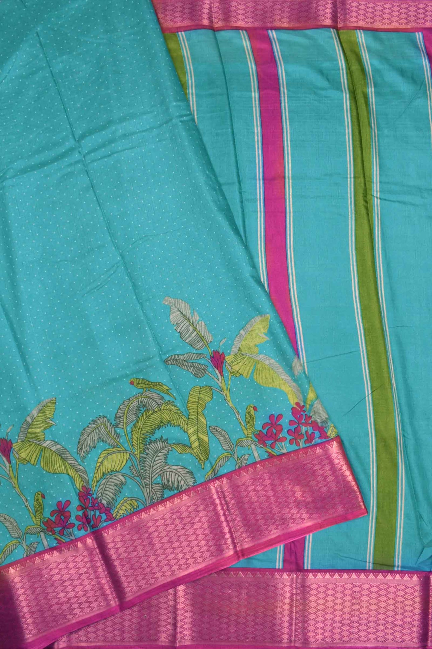 Blue Semi Dola Fancy Dots Coastal Garden Printed Pink Border Saree