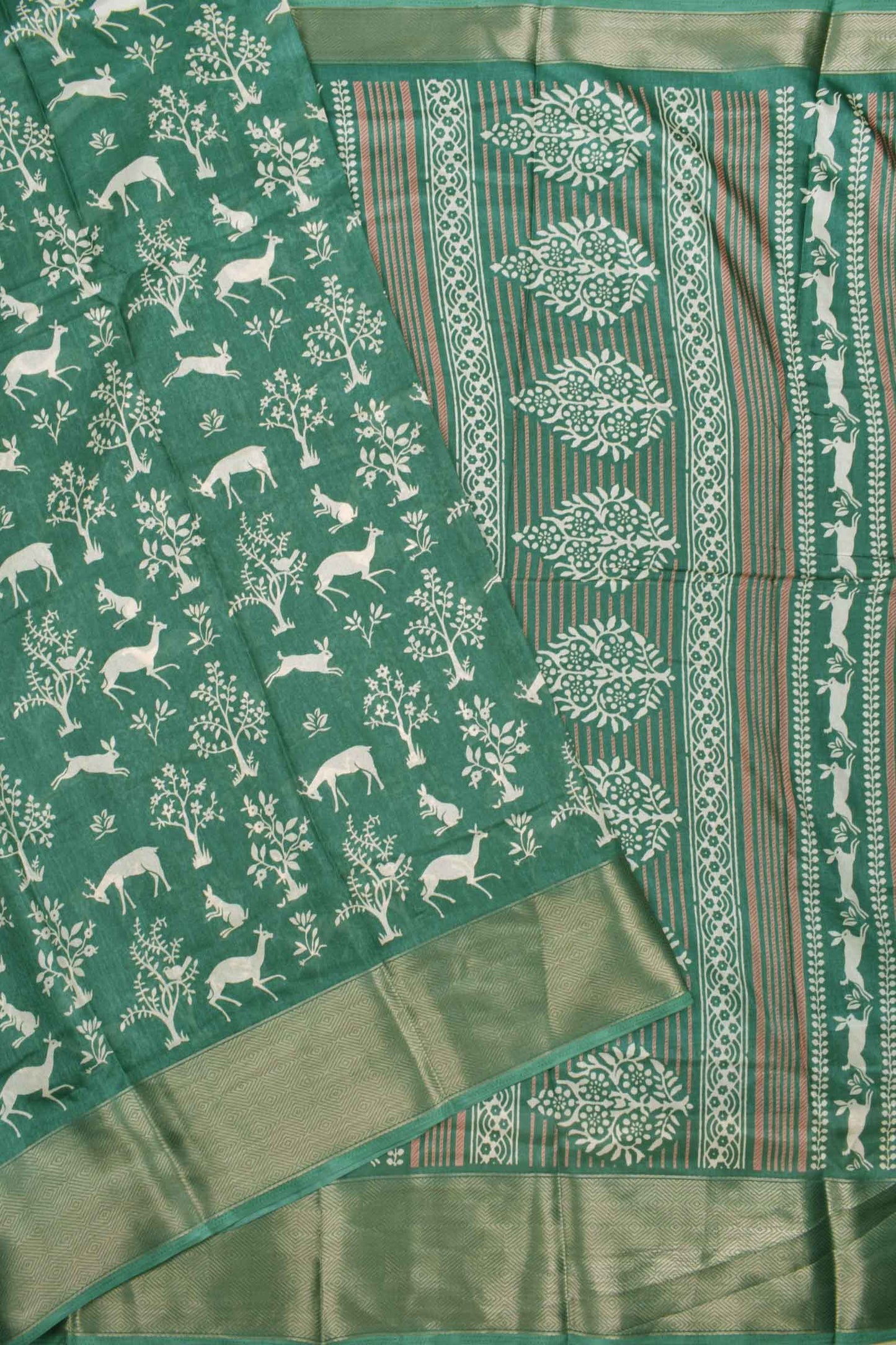 Green Semi Dola Forest Range Printed Zari Border Saree