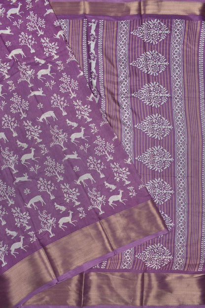 Mauve Violet Semi Dola Forest Scenes Printed Zari Border Saree