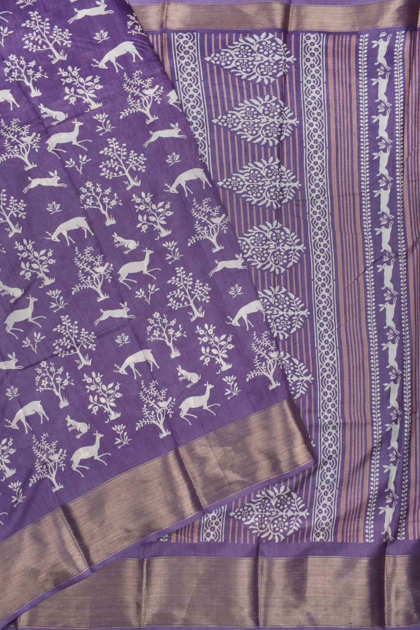 Violet Semi Dola Forest Scenes Printed Zari Border Saree