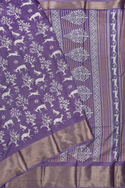 Violet Semi Dola Forest Scenes Printed Zari Border Saree