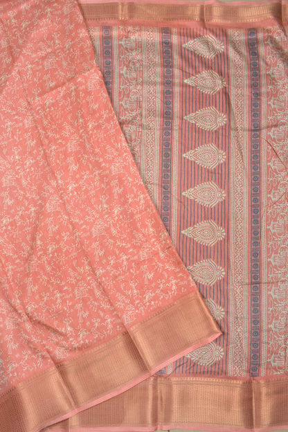 Peach Semi Dola Warli Fancy Print Golden Border Saree