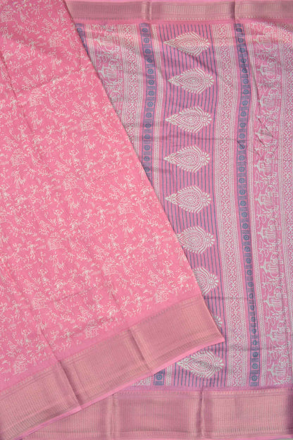 Pink Semi Dola Warli Fancy Print Golden Border Saree