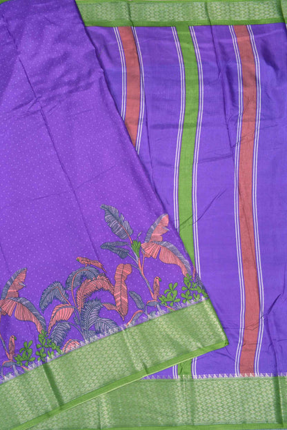 Violet Semi Dola Fancy Dots Coastal Garden Printed Green Border Saree