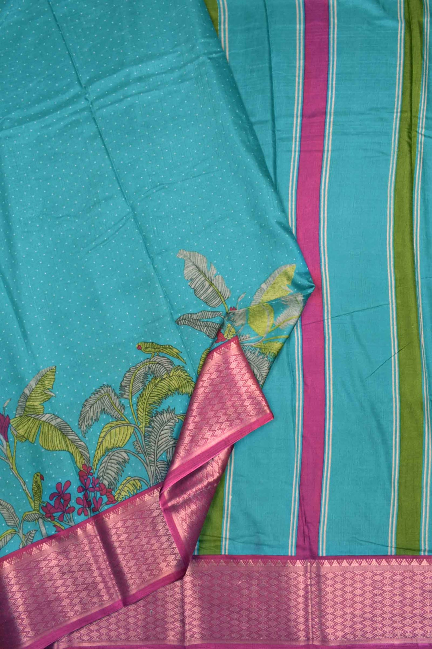 Blue Semi Dola Fancy Dots Coastal Garden Printed Pink Border Saree