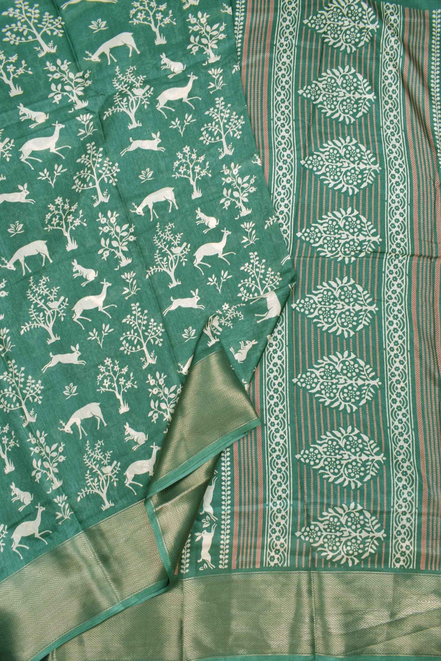 Green Semi Dola Forest Range Printed Zari Border Saree