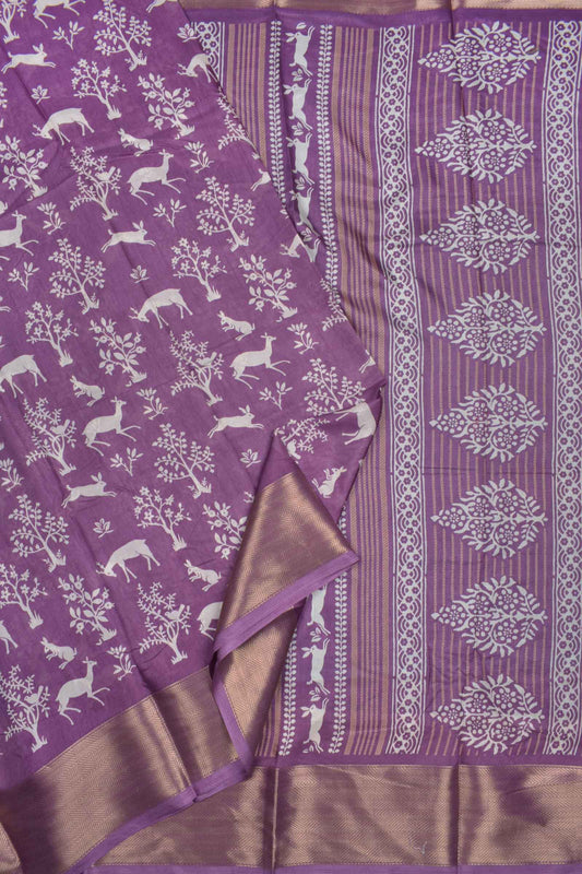 Mauve Violet Semi Dola Forest Scenes Printed Zari Border Saree