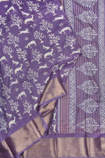 Violet Semi Dola Forest Scenes Printed Zari Border Saree