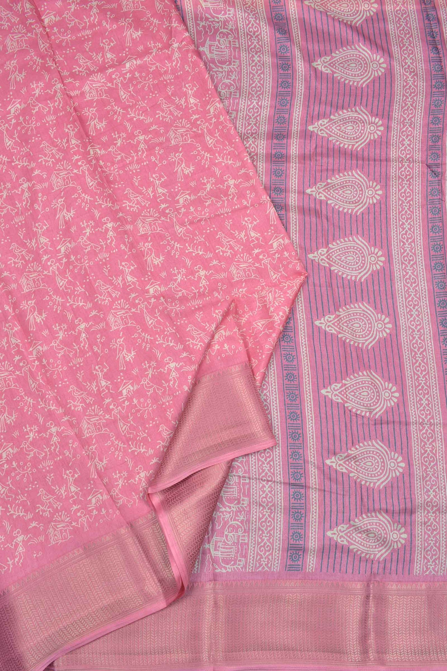 Pink Semi Dola Warli Fancy Print Golden Border Saree