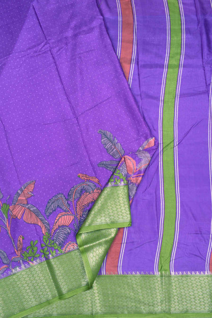 Violet Semi Dola Fancy Dots Coastal Garden Printed Green Border Saree