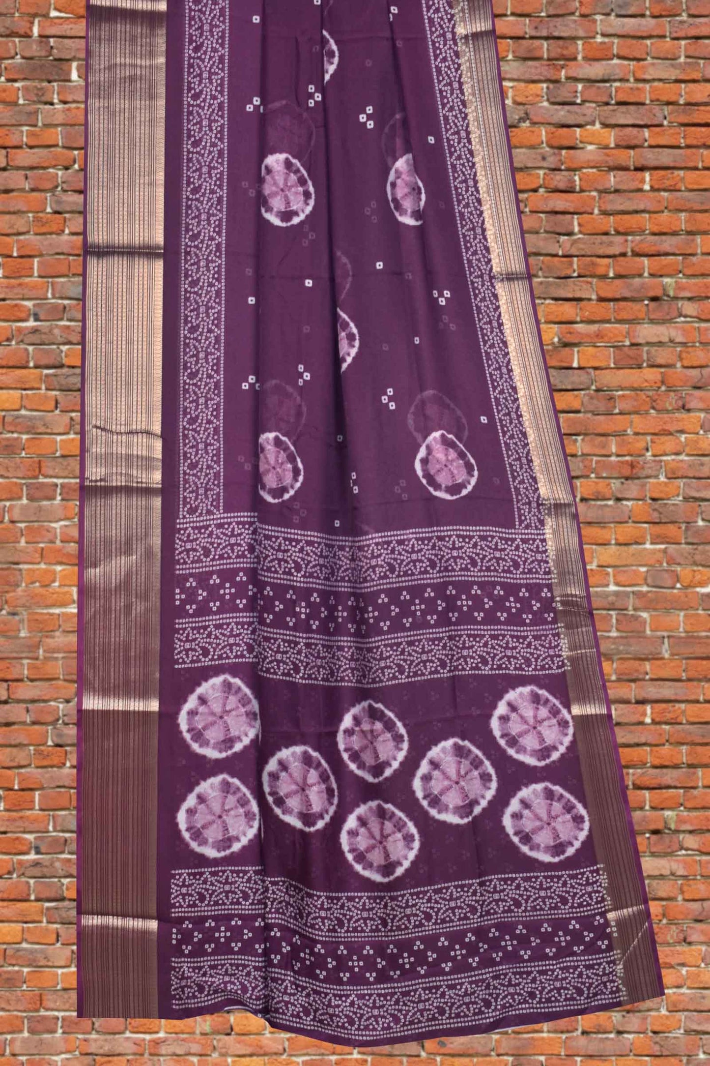 Burgundy Soft Marshmallow Batik Style Prints Zari Border Saree