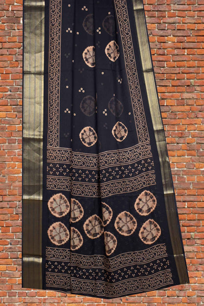 Black Soft Marshmallow Batik Style Prints Zari Border Saree