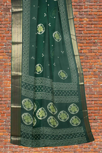 Green Soft Marshmallow Batik Style Prints Zari Border Saree