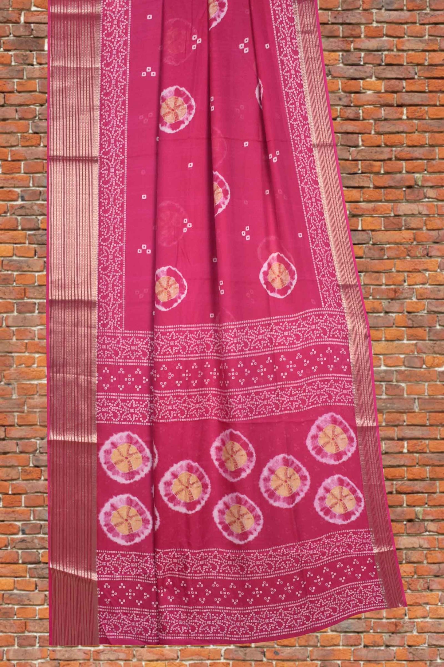 Dark Pink Soft Marshmallow Batik Style Prints Zari Border Saree