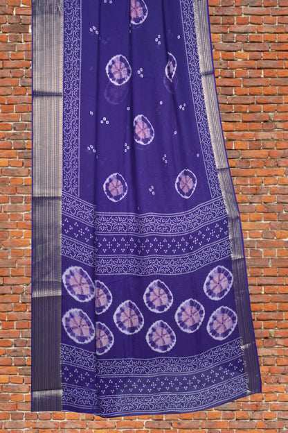 Dark Violet Soft Marshmallow Batik Style Prints Zari Border Saree