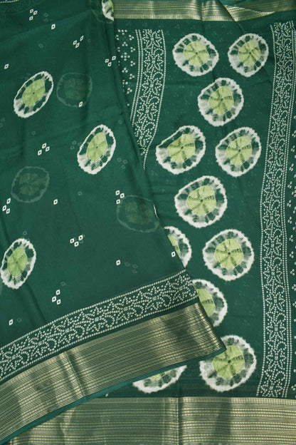 Green Soft Marshmallow Batik Style Prints Zari Border Saree