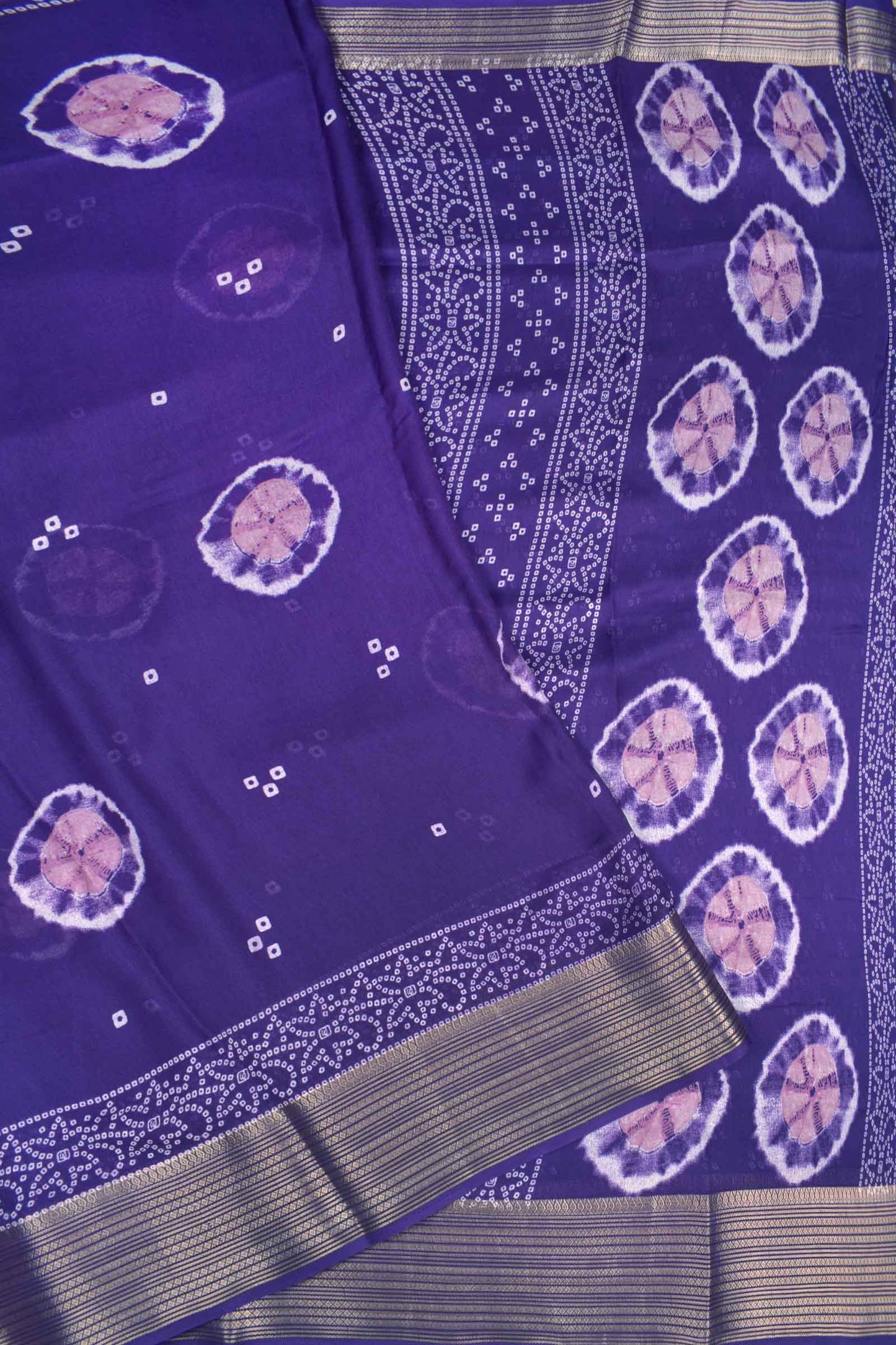 Dark Violet Soft Marshmallow Batik Style Prints Zari Border Saree