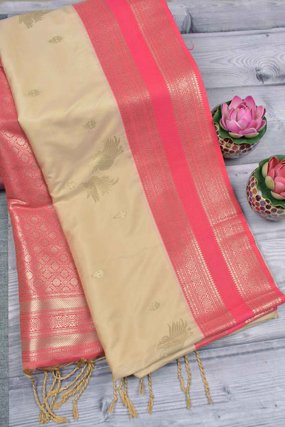 Sandal Annam Butta Contrast Border Pallu Semi Soft Silk Saree