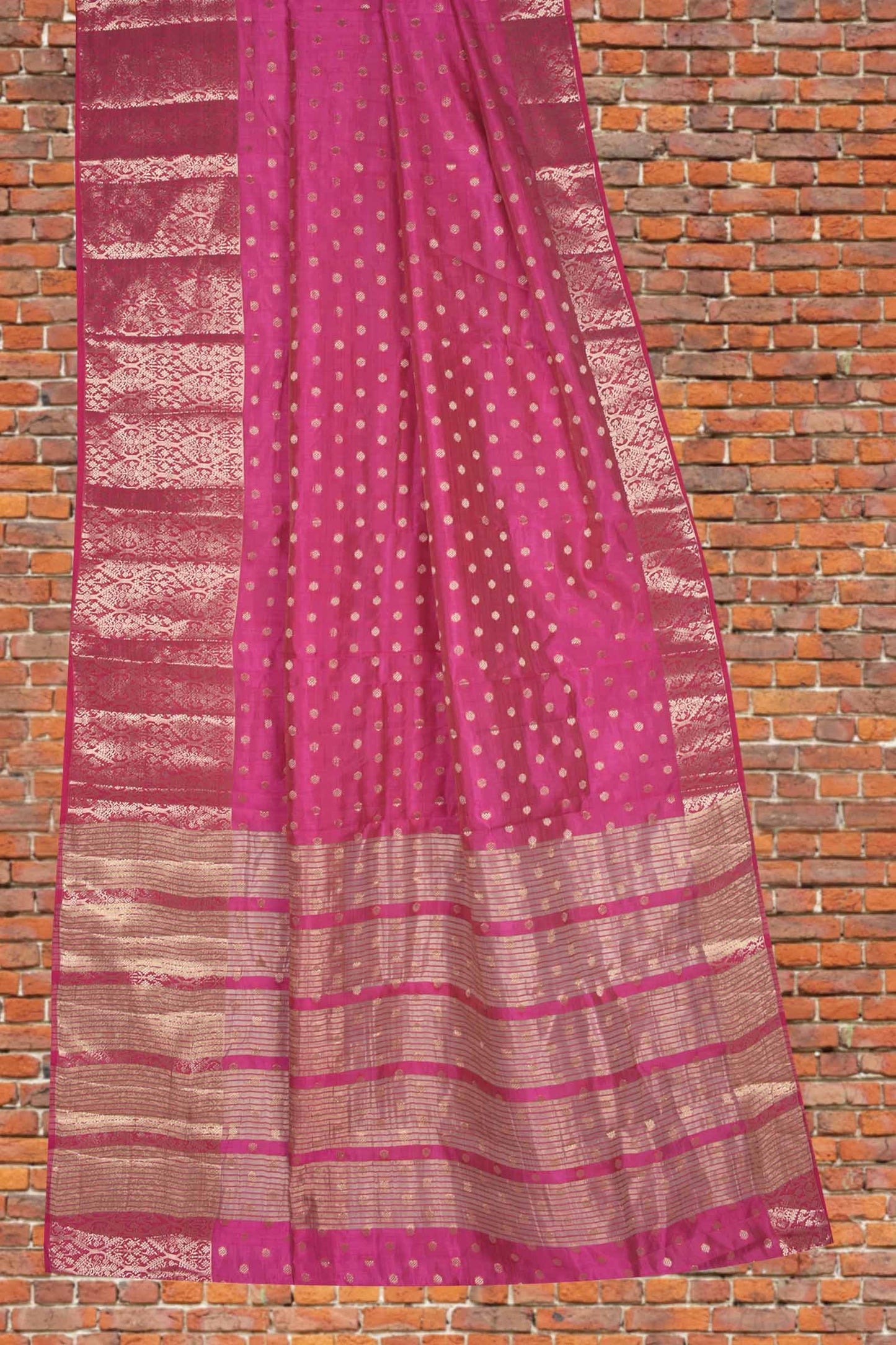 Pink Semi Tussar Dots Butta Banaras Border Pallu Saree