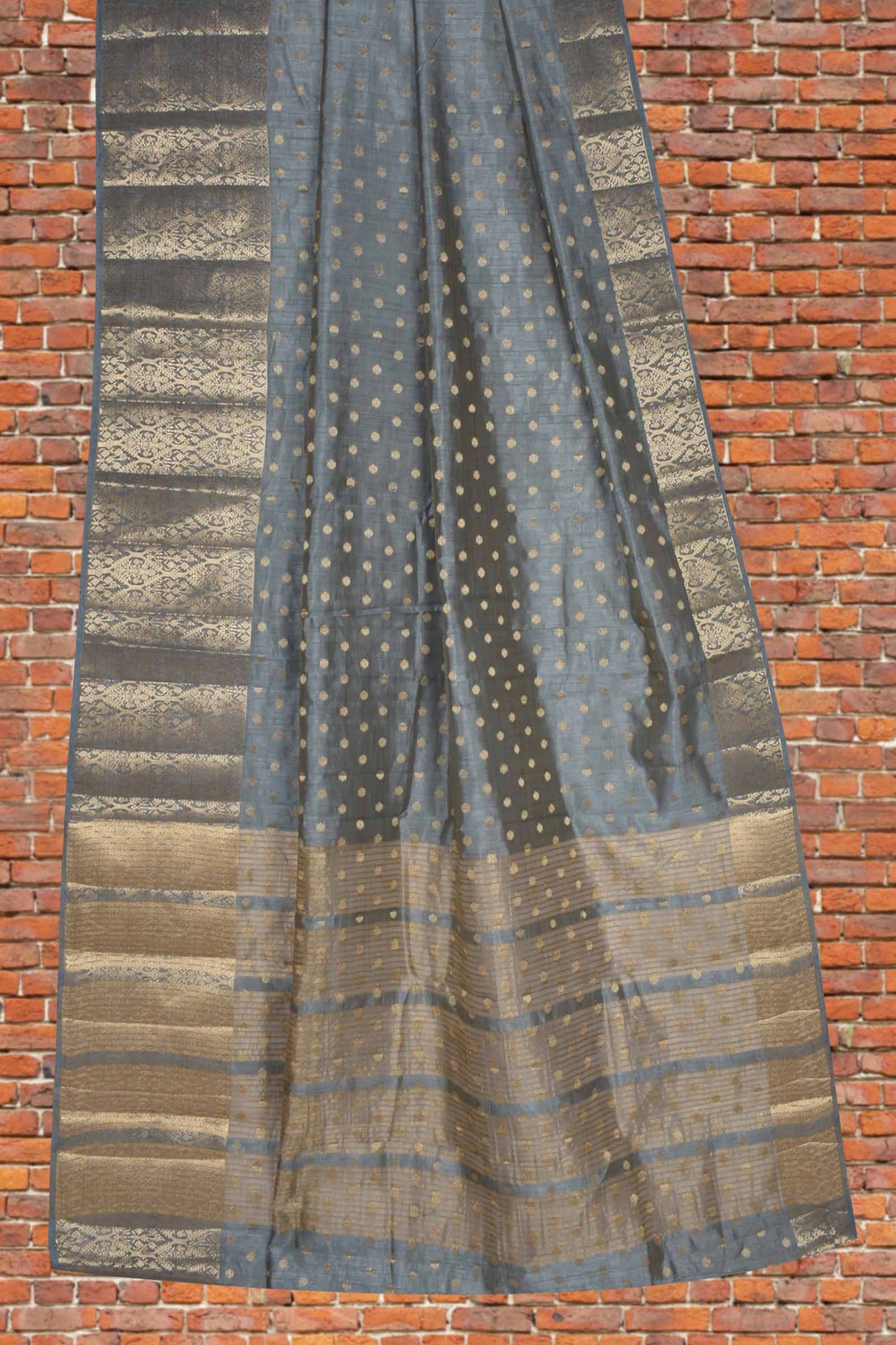 Grey Semi Tussar Dots Butta Banaras Border Pallu Saree