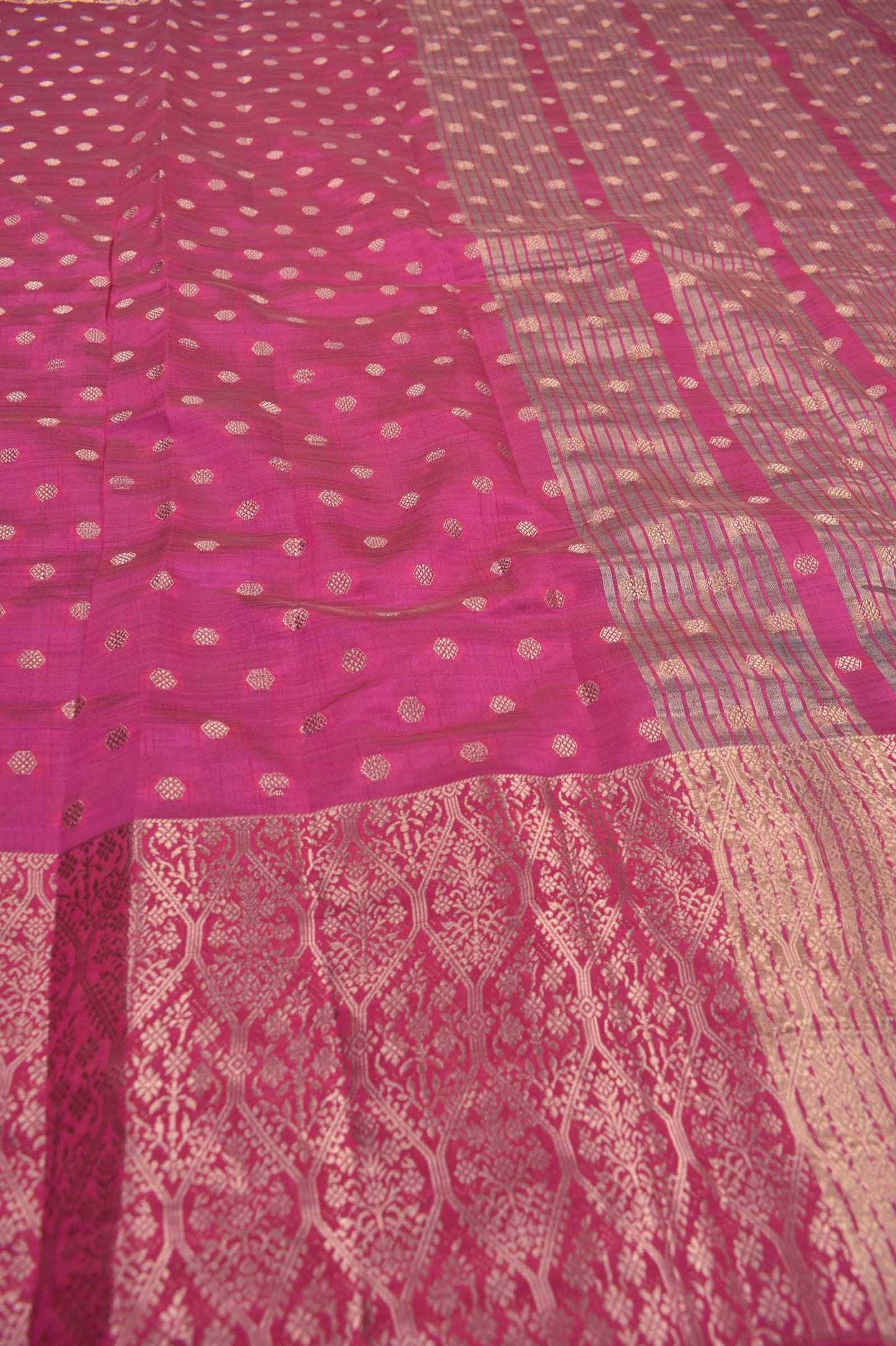 Pink Semi Tussar Dots Butta Banaras Border Pallu Saree