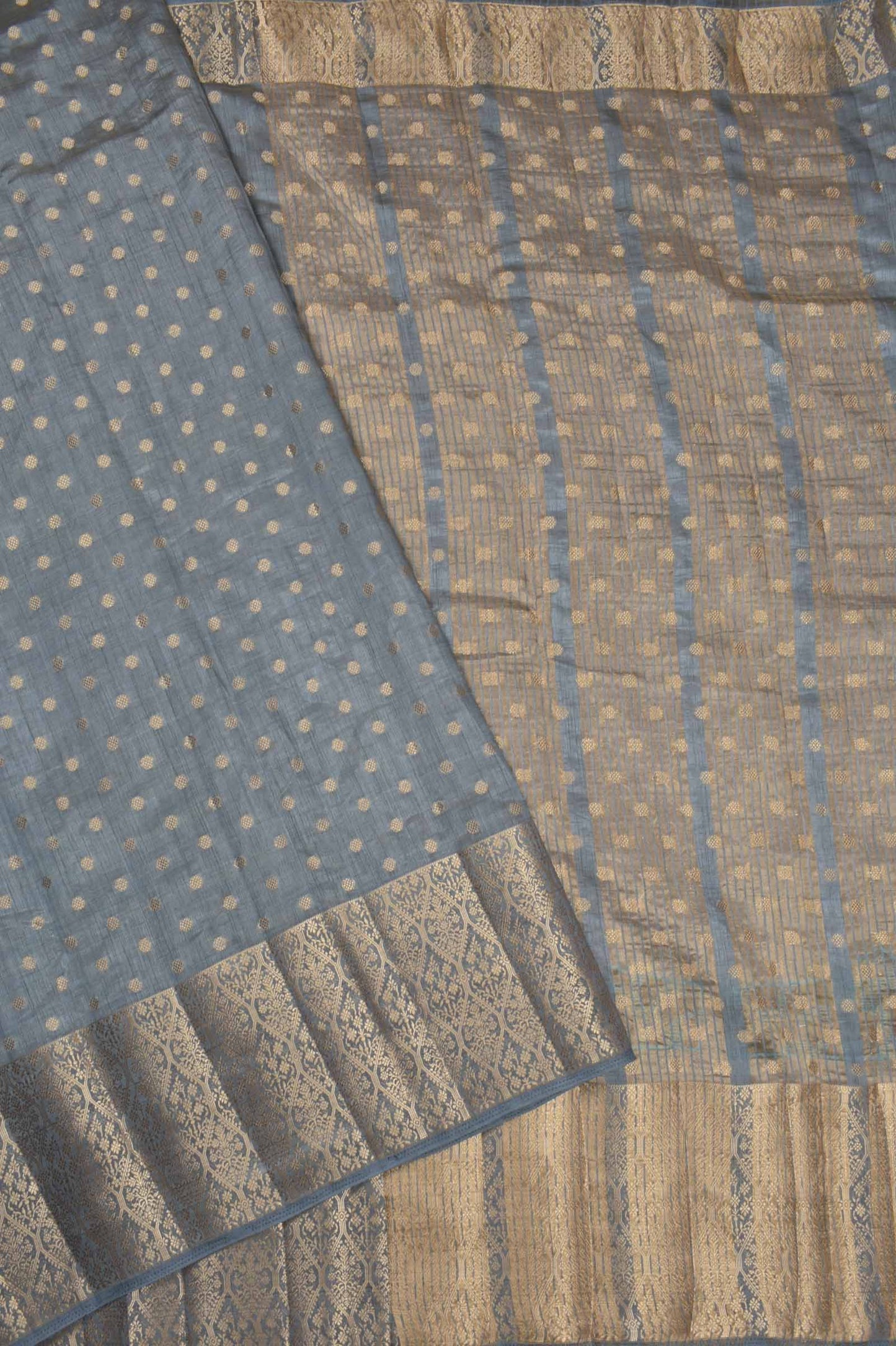 Grey Semi Tussar Dots Butta Banaras Border Pallu Saree