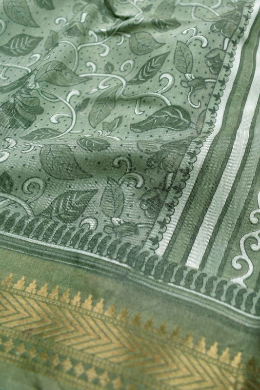 Green Mumbai Soft Cotton Block Print Style Florals Zari Border Saree