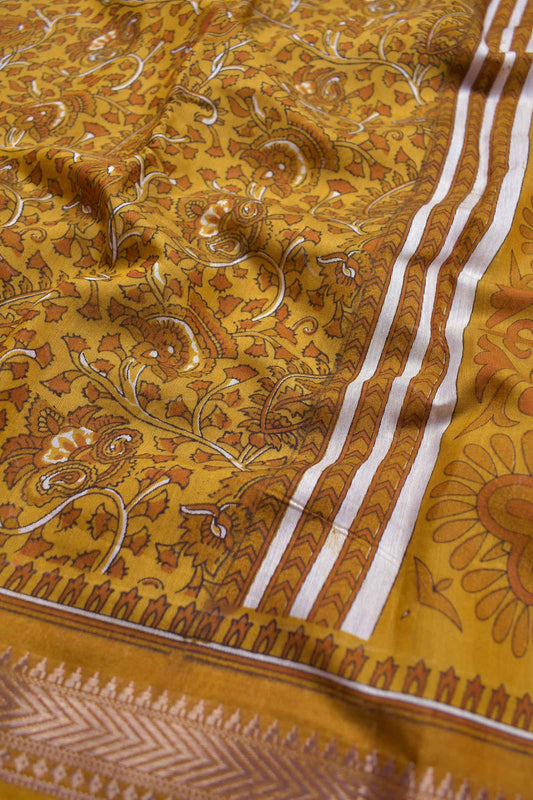 Mustard Yellow Mumbai Soft Cotton Floral Printed Zari Border Saree