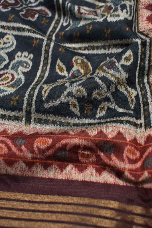 Black Mumbai Soft Cotton Flora and Fauna Checkers Zari Border Saree