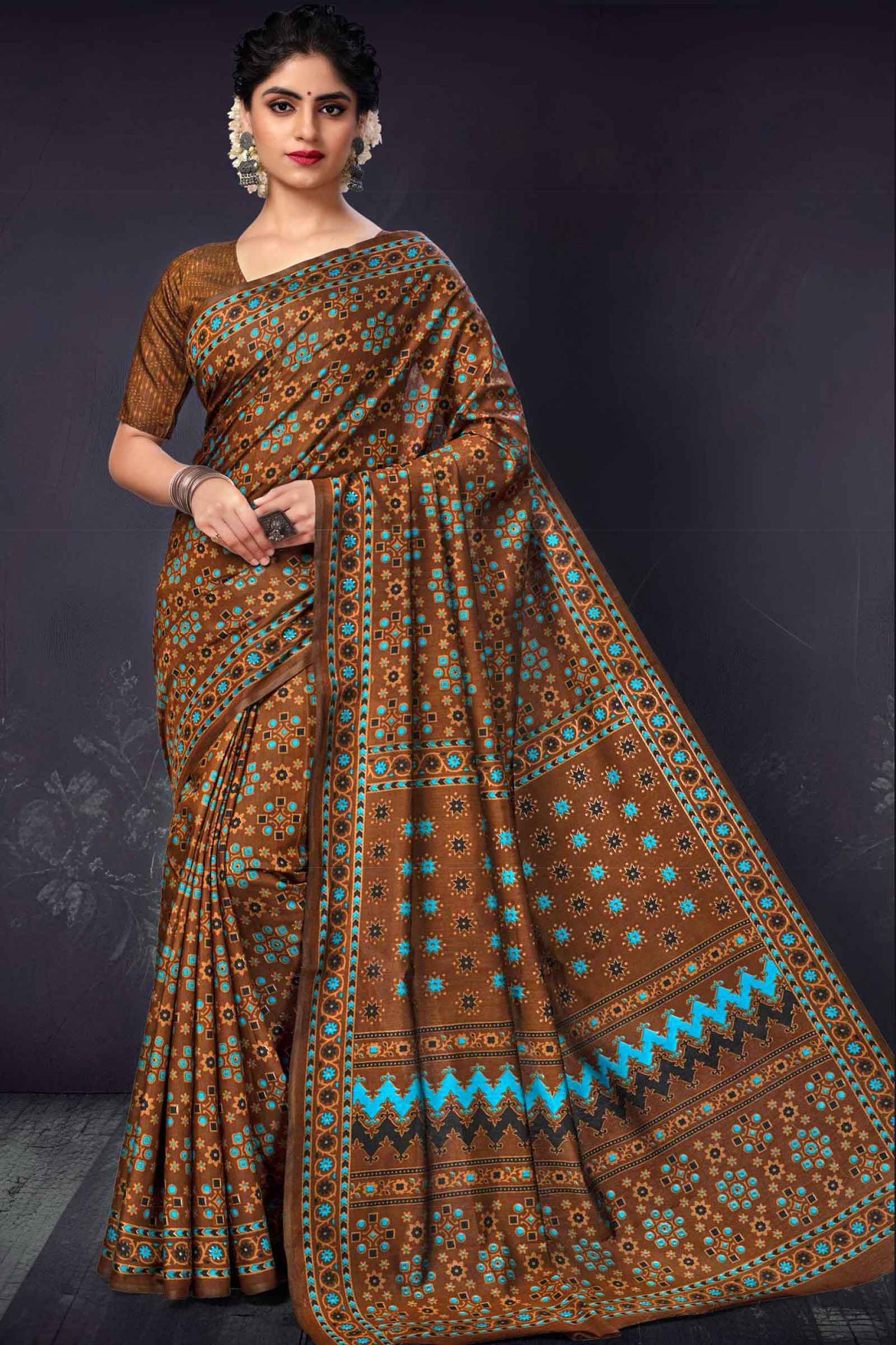 Dark Brown Mumbai Soft Cotton Moroccon Art Inspired Saree