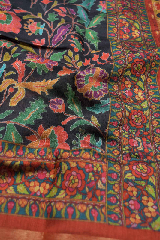 Black Mumbai Soft Cotton Pashmina Gardenia Printed Zari Border Saree