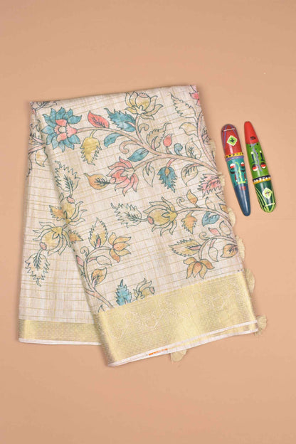 Sandal Printed Fancy Cotton Kalamkari Inspired Golden Checks Zari Border Saree
