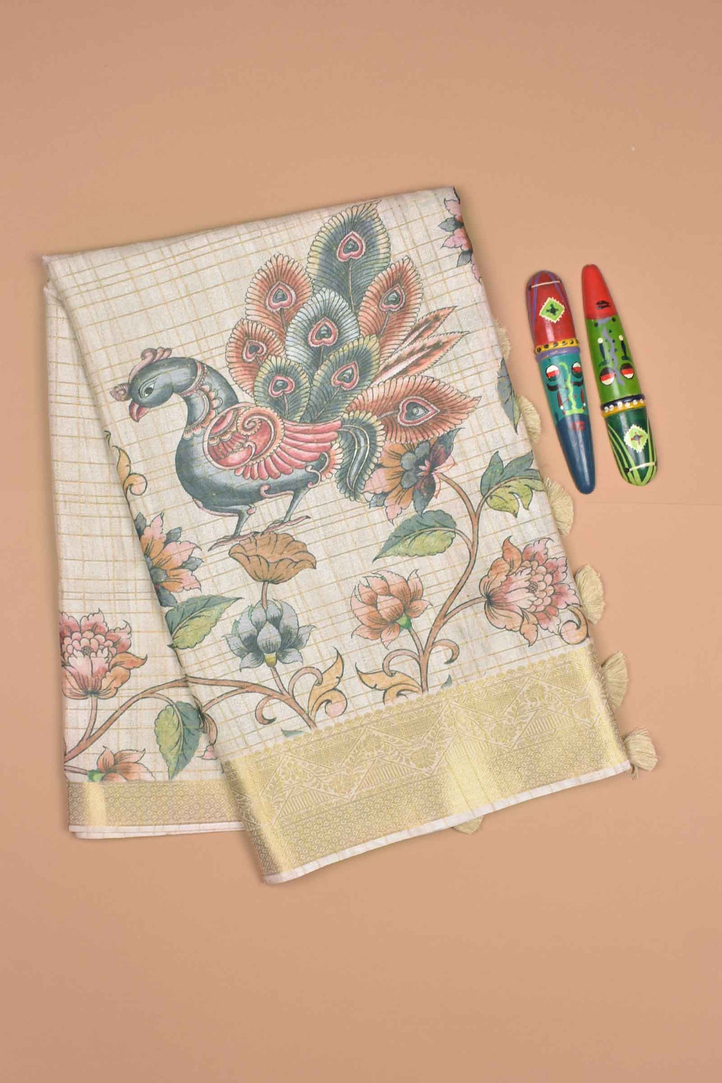 Off White Printed Fancy Cotton Kalamkari Inspired Golden Checks Zari Border Saree