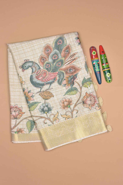 Off White Printed Fancy Cotton Kalamkari Inspired Golden Checks Zari Border Saree