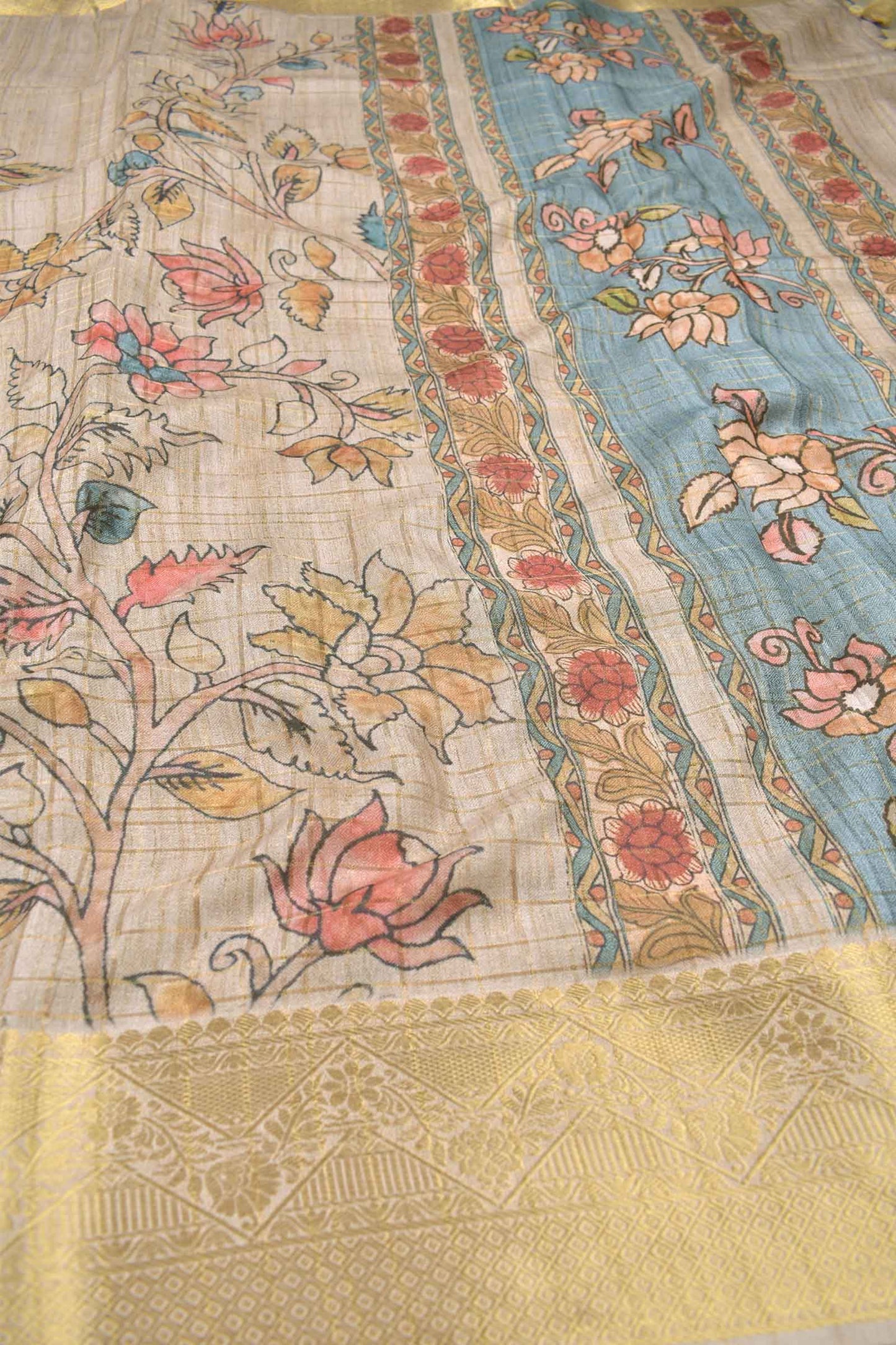 Sandal Printed Fancy Cotton Kalamkari Inspired Golden Checks Zari Border Saree