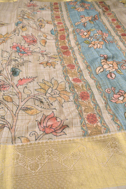 Sandal Printed Fancy Cotton Kalamkari Inspired Golden Checks Zari Border Saree