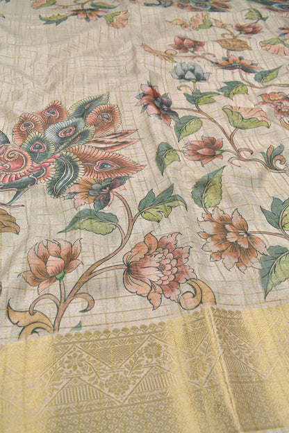 Off White Printed Fancy Cotton Kalamkari Inspired Golden Checks Zari Border Saree
