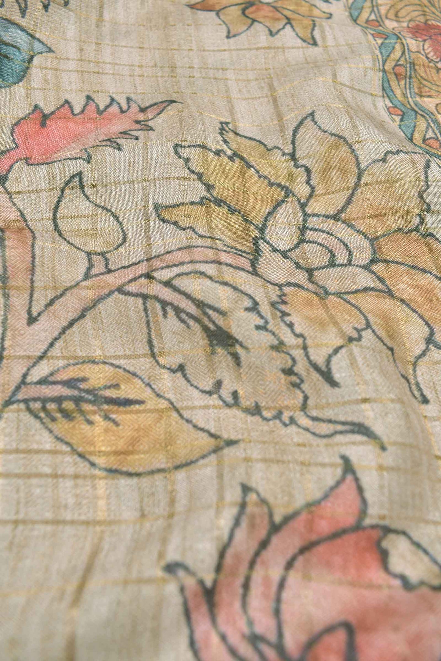 Sandal Printed Fancy Cotton Kalamkari Inspired Golden Checks Zari Border Saree
