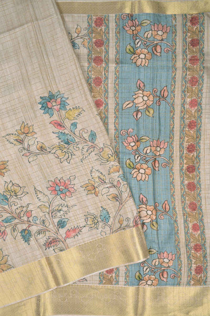 Sandal Printed Fancy Cotton Kalamkari Inspired Golden Checks Zari Border Saree